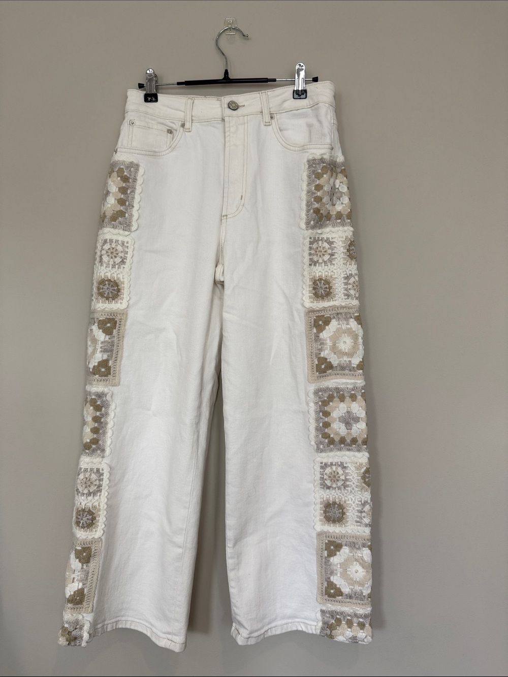 Rails White Wide-Leg Jeans with Beige Crochet Panels